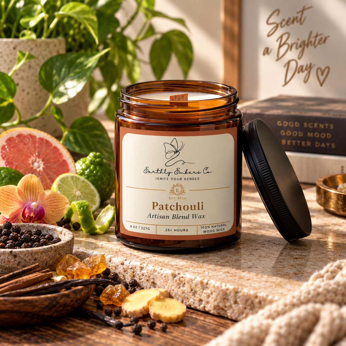 Earthly Embers Co. Patchouli 8 oz wood wick candle in amber glass jar