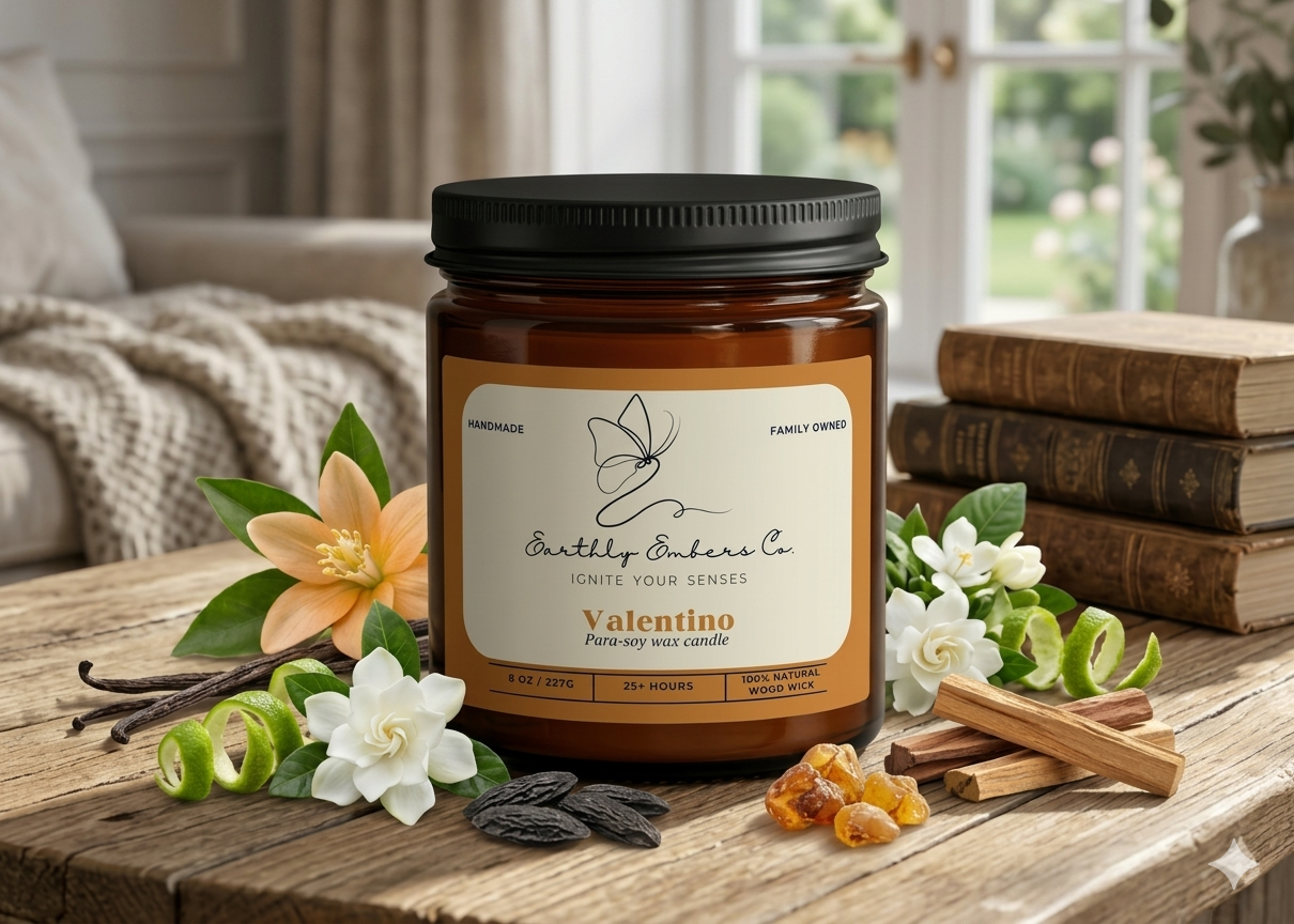 An Earthly Embers Co. Valentino amber jar candle with a black lid and wood wick. Surrounding it are bergamot, orange blossoms, gardenia, and tonka beans on a rustic wood surface, highlighting the sophisticated Italian elegance and warm, creamy scent.