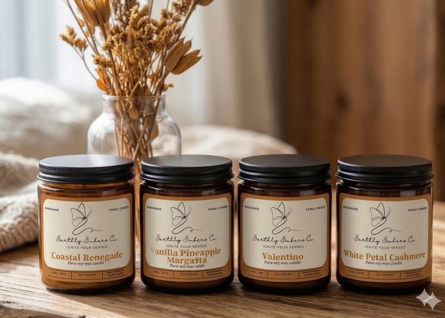 Four Earthly Embers Co. candles including Coastal Renegade and White Petal Cashmere sit on a rustic wood surface next to dried flowers.