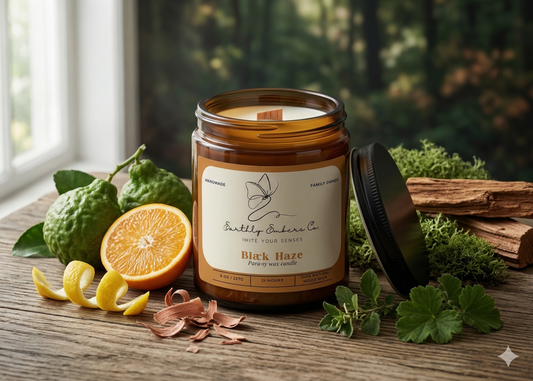 An 8oz Black Haze amber jar candle by Earthly Embers Co. with a wood wick. The scene features bergamot, orange peel, and fresh oakmoss on a wooden surface, capturing the earthy forest fragrance notes of cedarwood and patchouli.