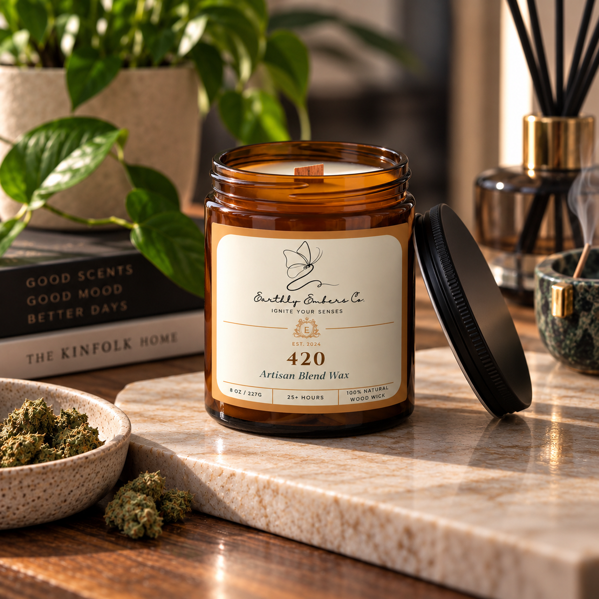 Earthly Embers Co. 420 8 oz wood wick candle in amber glass jar