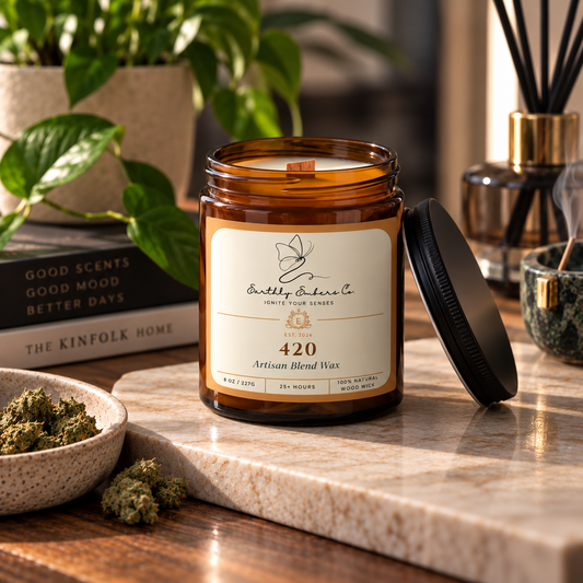 Earthly Embers Co. 420 8 oz wood wick candle in amber glass jar