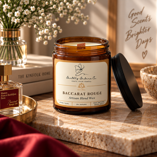 Earthly Embers Co. Baccarat Rouge 8 oz wood wick candle in amber glass jar
