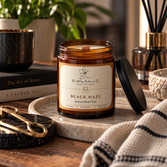 Earthly Embers Co. Black Haze 8 oz wood wick candle in amber glass jar