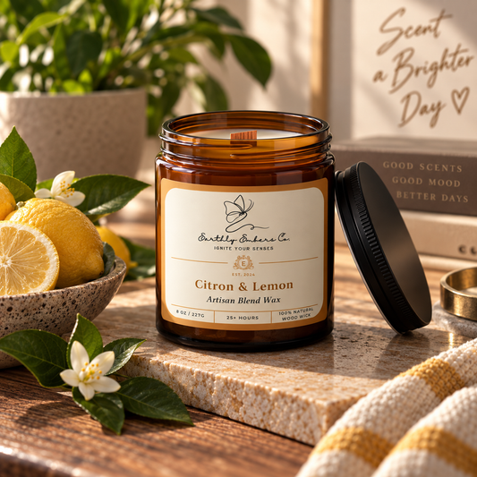 Earthly Embers Co. Citron & Lemon 8 oz wood wick candle in amber glass jar