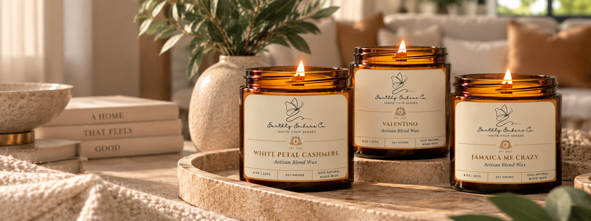 Three amber glass jar candles with lit flames are arranged on a wooden tray in a warm, styled interior setting. The labels read 'Scent of the Home' and show scents White Petal Cashmere, Valentine's Day, and Jamaican Cream.