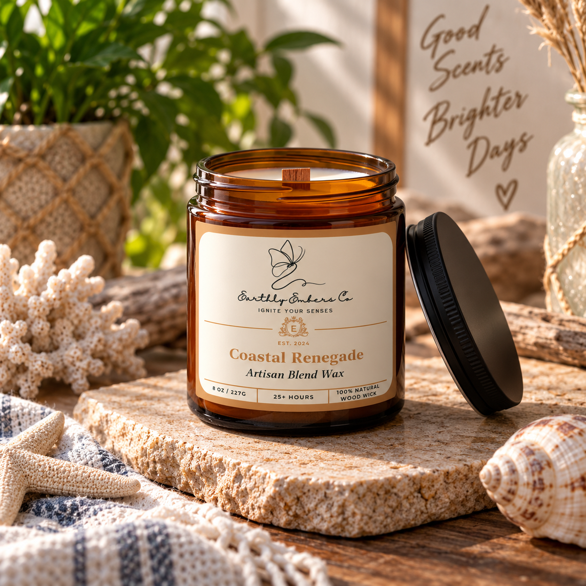 Earthly Embers Co. Coastal Renegade 8 oz wood wick candle in amber glass jar
