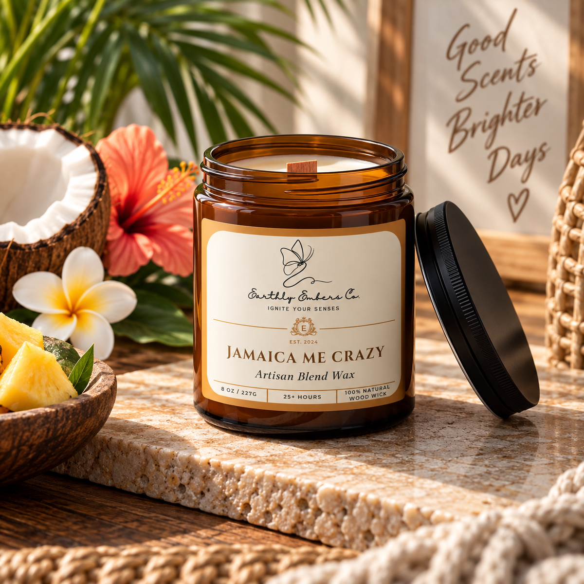 Earthly Embers Co. Jamaica Me Crazy 8 oz wood wick candle in amber glass jar