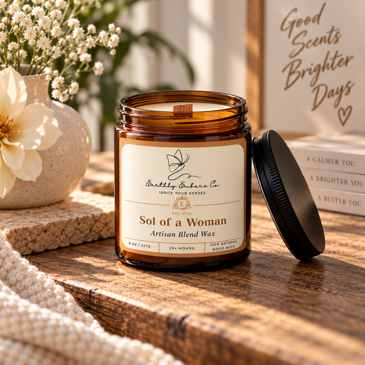 Earthly Embers Co. Sol of a Woman 8 oz wood wick candle in amber glass jar