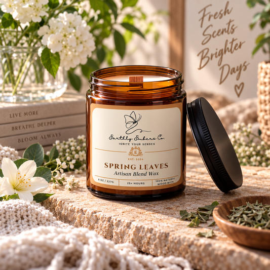 Earthly Embers Co. Spring Leaves 8 oz wood wick candle in amber glass jar