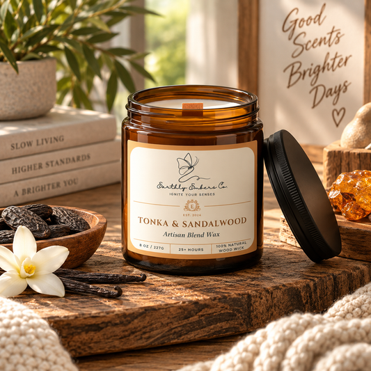 Earthly Embers Co. Tonka & Sandalwood 8 oz wood wick candle in amber glass jar