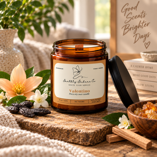 Earthly Embers Co. Valentino 8 oz wood wick candle in amber glass jar