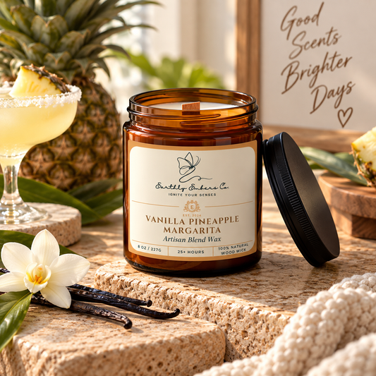 Earthly Embers Co. Vanilla Pineapple Margarita 8 oz wood wick candle in amber glass jar