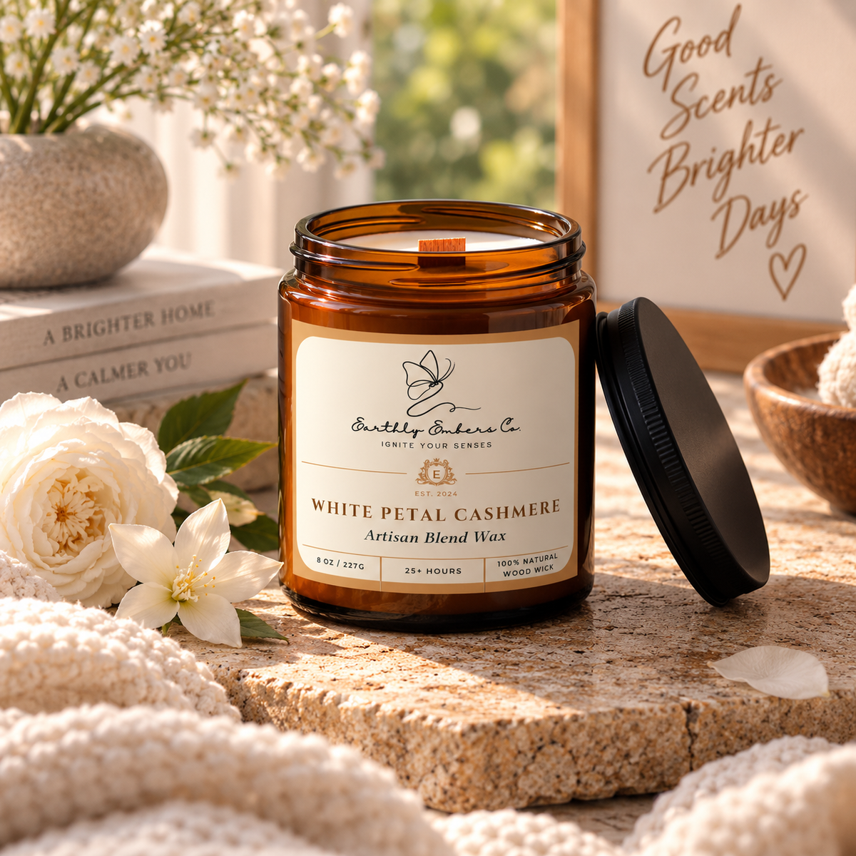 Earthly Embers Co. White Petal Cashmere 8 oz wood wick candle in amber glass jar