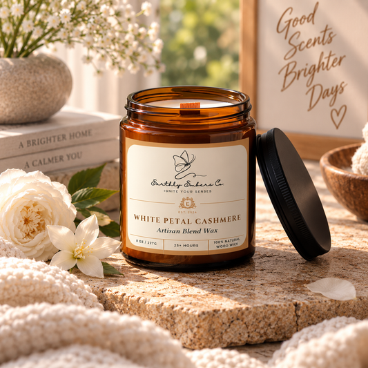 Earthly Embers Co. White Petal Cashmere 8 oz wood wick candle in amber glass jar
