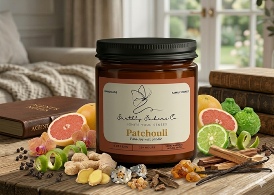An 8oz Patchouli amber jar candle by Earthly Embers Co. with a black lid and wood wick. Surrounded by Japanese grapefruit, bergamot, peppercorns, and frankincense on a rustic table next to a leather agent's notebook, reflecting a classy aura.