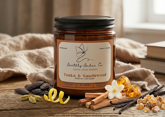 An 8oz Tonka & Sandalwood amber jar candle by Earthly Embers Co. with a black lid and wood wick. Surrounding the candle are tonka beans, sandalwood sticks, vanilla pods, and lemon zest on a rustic wood table, highlighting the warm, elegant scent.